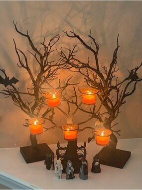Halloween Spooky Cemetery Candle Decor + 2 Bat Trees + Witches Skeleton Reaper